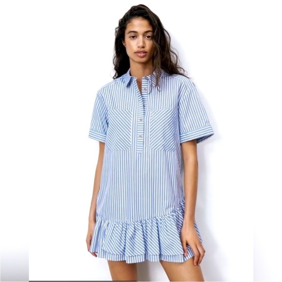 Zara Dresses & Skirts - Zara Blue and Cream Striped Mini Dress Ruffle Frill Size Small Oversized